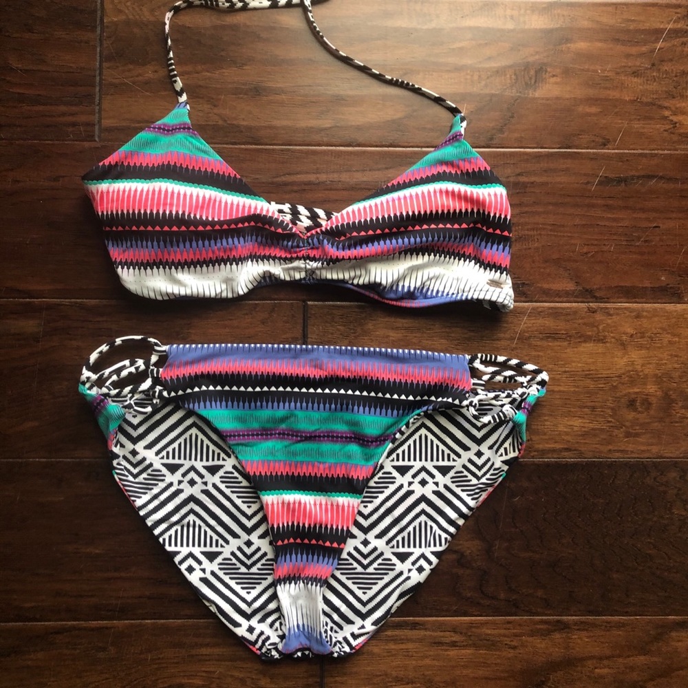 Roxy Multicolor Stripe & Geo Print Bikini - Teal, Pink, Black, White